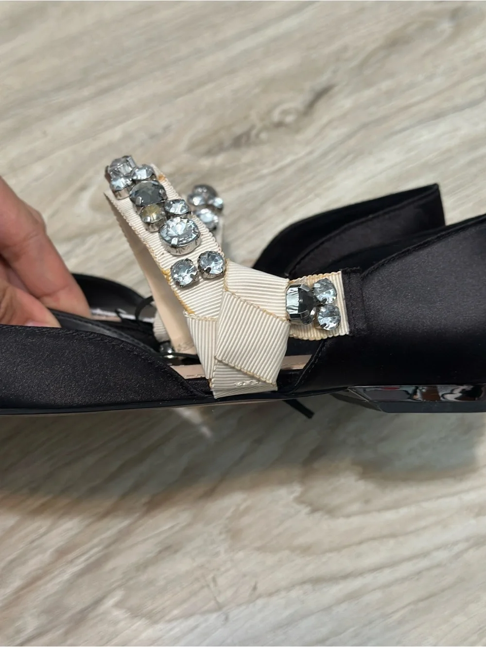 ZARA Black Satin Rhinestone Strap Flats Size 37 NWT